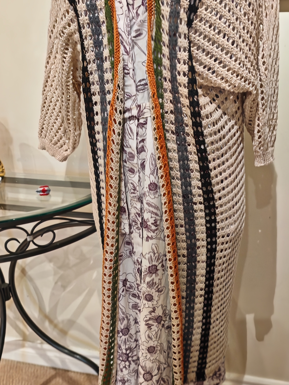 Crochet Duster Cardigan with Striped Accents - Picture 6 of 11